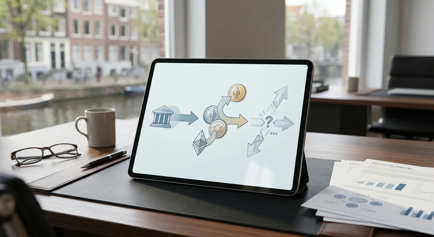 Neutrale illustratie van een Nederlandse betaalstroom met bankoverschrijving, crypto en een onzekere derde route