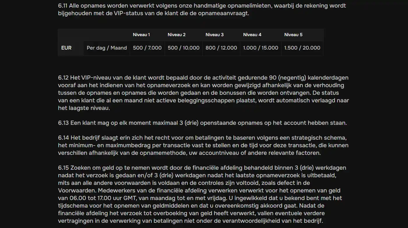 MrPunter-voorwaarden met opnameverwerking en EUR-limieten