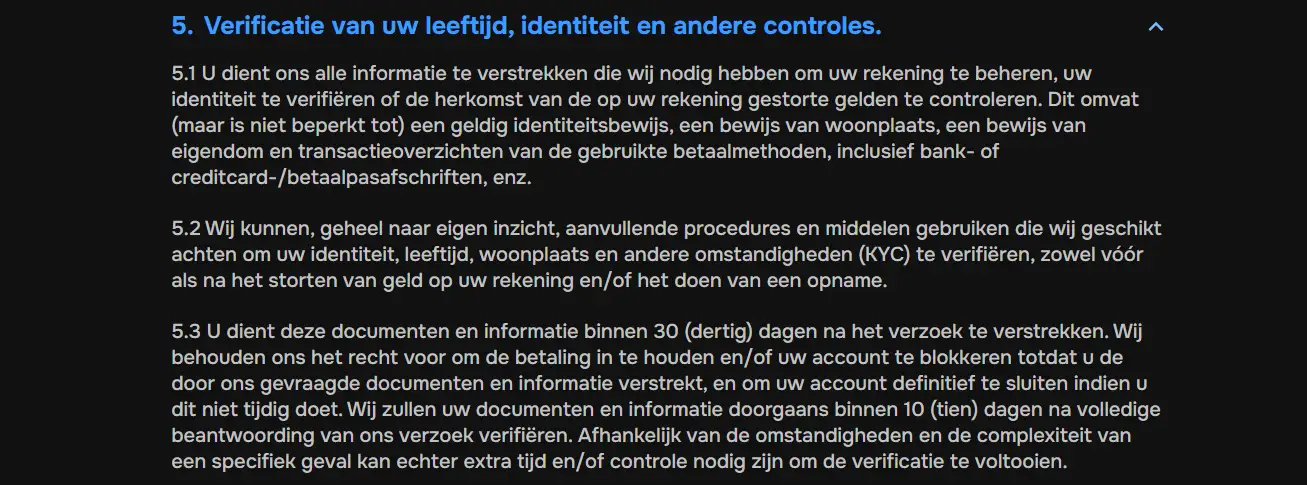 MrPunter-voorwaarden met de KYC-documenten en verificatietermijn