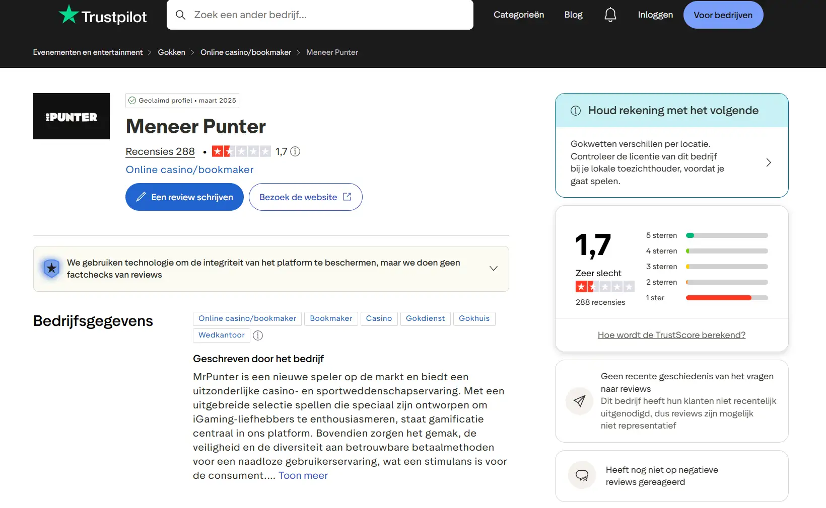 Actuele Trustpilot-overzichtspagina voor MrPunter met score en reviewaantal