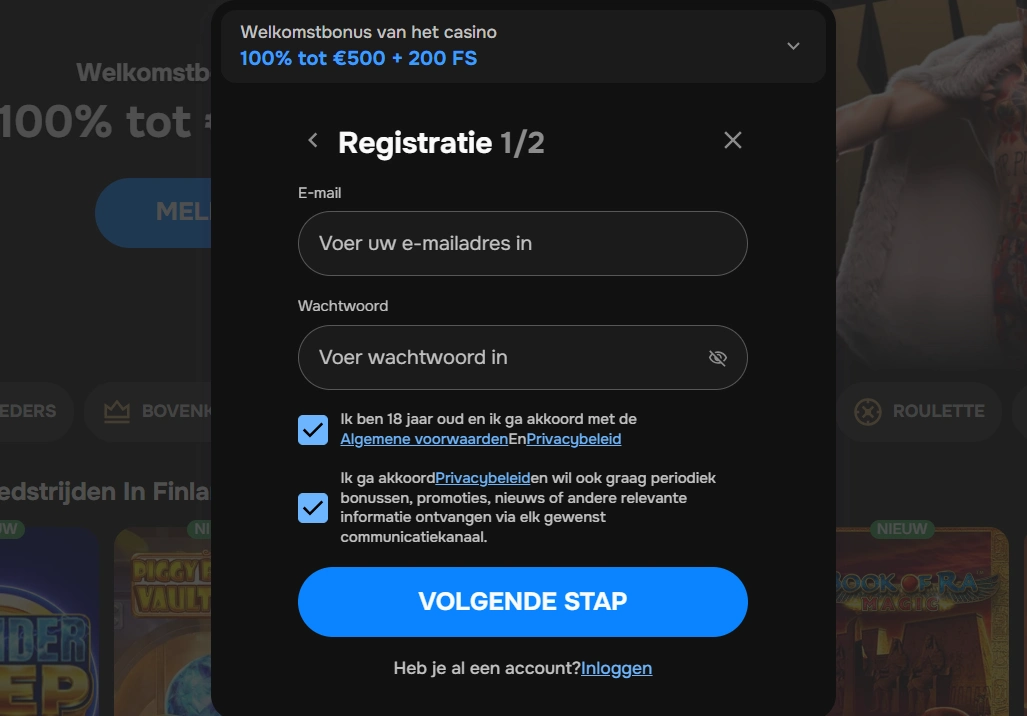 Nederlandstalige MrPunter-registratiepagina met de eerste registratiestap